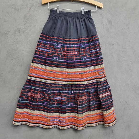 Thai Black Cotton Handwoven Embroidered Multi Color Women's Long Skirt SZ Small - Picture 1 of 13